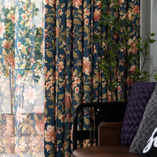 Paire De Rideaux Vintage 64x53 - Coton/polyester Doublé - Imprimé Fleurs - Excellent état
